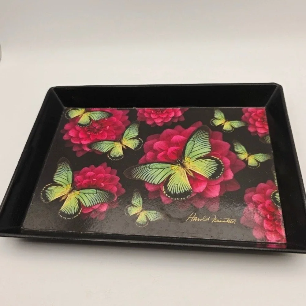 VTG Harold Feinstein Butterfly Floral Tray Trinket Dish Black‎ Pink 8